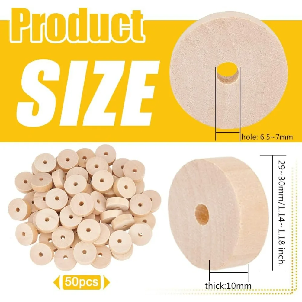 60pcs Unfinished Wood Wheels 1.2 Inch Diameter Blank Wood Slices 6.5~7mm Hole Round Wheel Wooden Pieces Unfinished Blank Slices