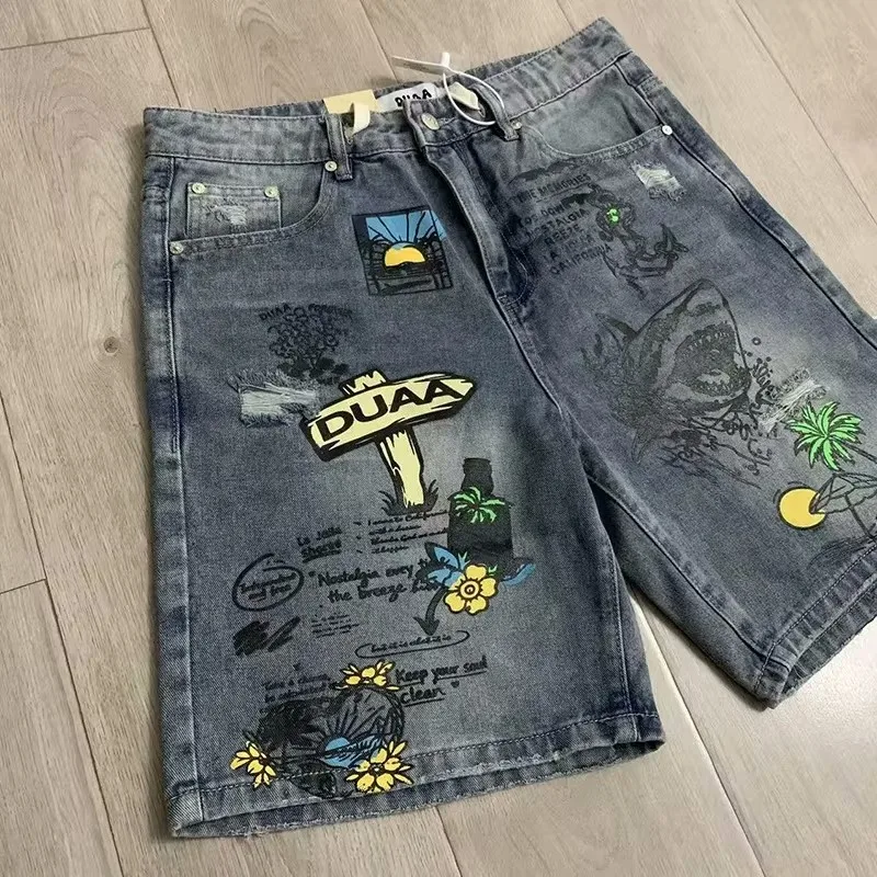 New Men Rhinestone Graffiti DUAA Denim CARGO SHORTS Comfortable Camouflage Skateboard Street Cotton Casual Shorts #a244