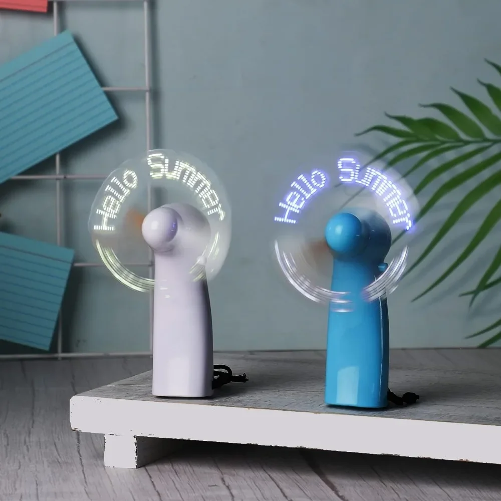 24 Uds ventilador de mano portátil Mini batería potente Hello Summer LED