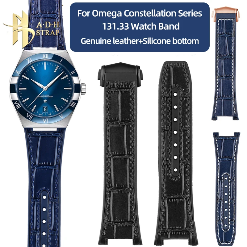 

Leather Splicing Silicone Bottom Strap For Omega Constellation Series 131.33 Observatory 41MM Men's Watch Band Notched Bracelet