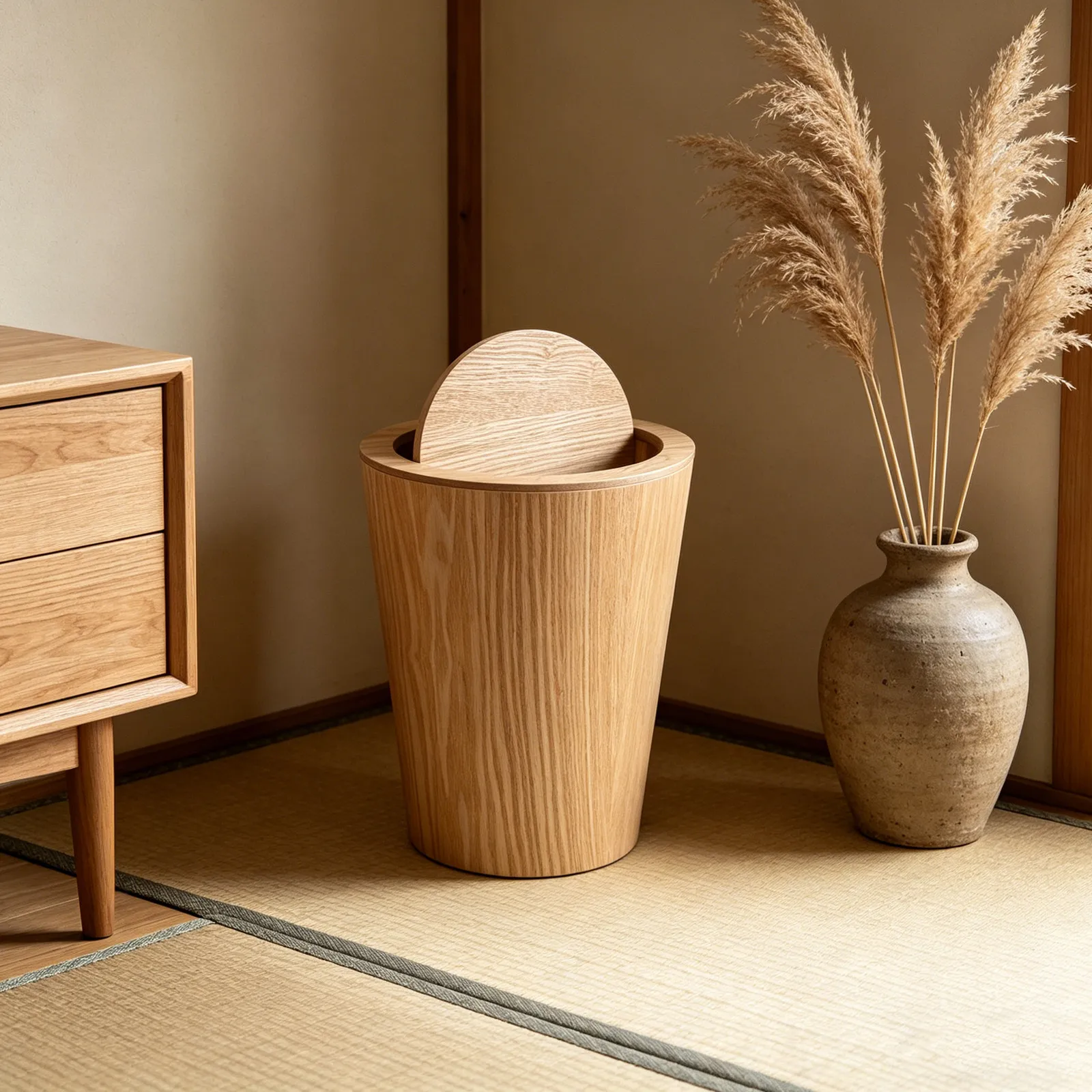 Wooden Trash Can Flip Lid 9L Compact Garbage Bin Minimalist Wood Waste Basket Bathroom Bedroom Living Room Wooden Garbage Bin