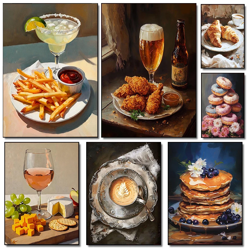 Vintage naturaleza muerta comida deliciosa hamburguesa patatas fritas Donut pan café cartel lienzo pinturas pared arte imágenes cocina decoración del hogar