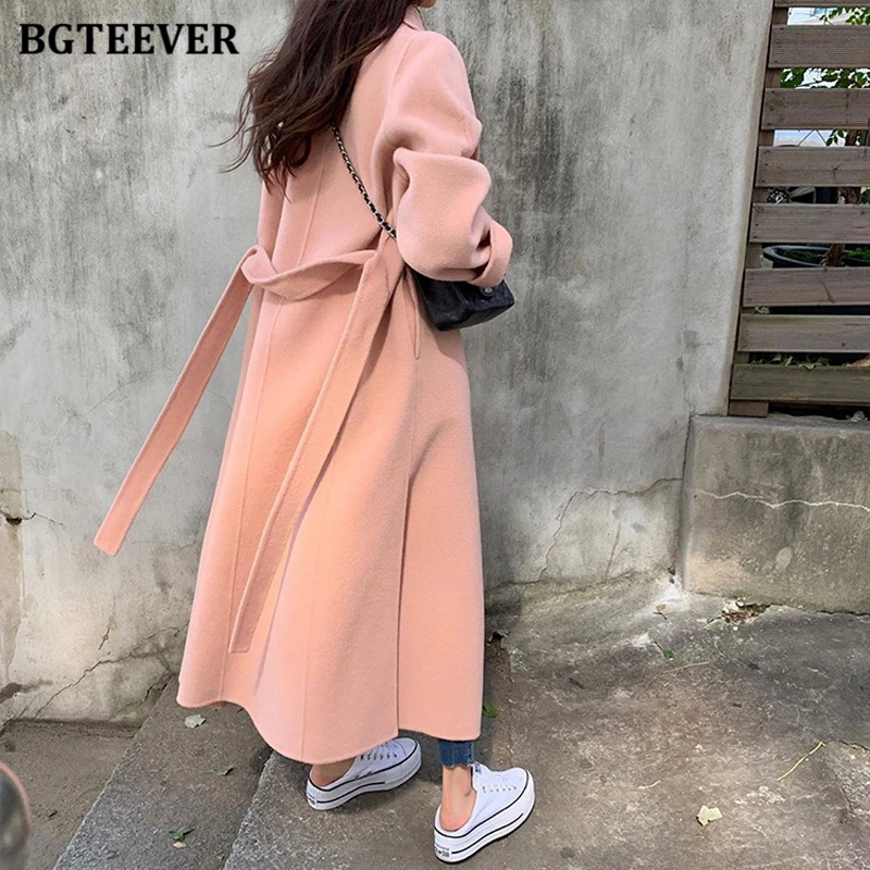 BGTEEVER Autumn Winter Thicken Warm Overcoats Women Elegant Double Breasted Loose Belted Female Woolen Coats