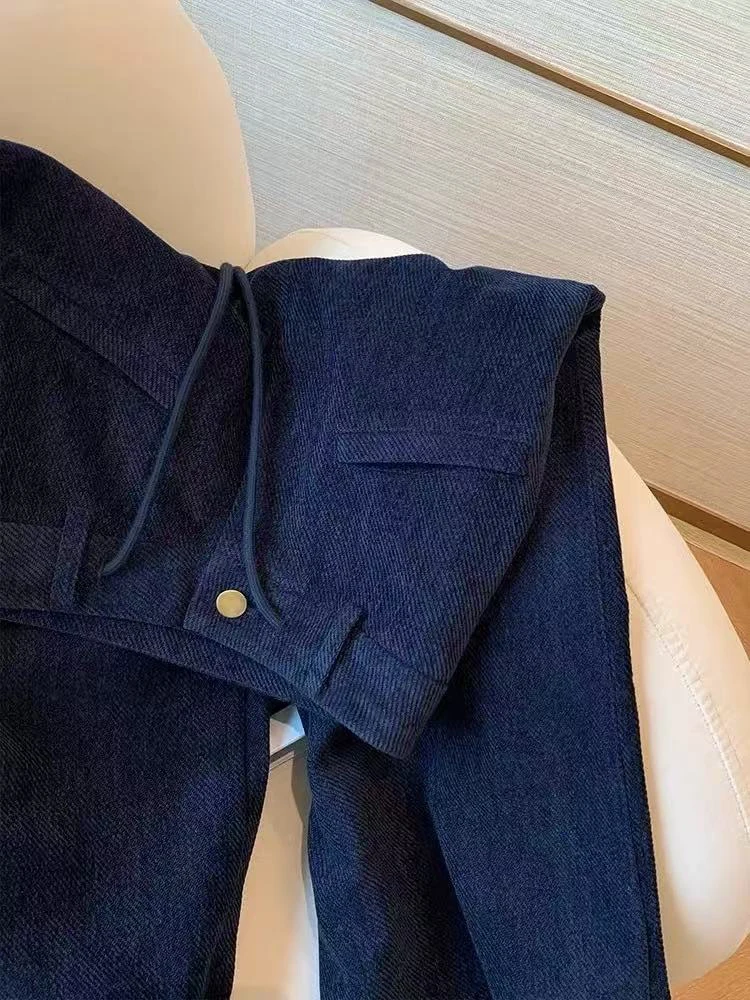 Marineblaue Cord-Freizeithose für Damen, Herbst-Plüsch, dicke Streetwear-Schnürhose mit weitem Bein, hohe Taille, gerade All-Match-Hose