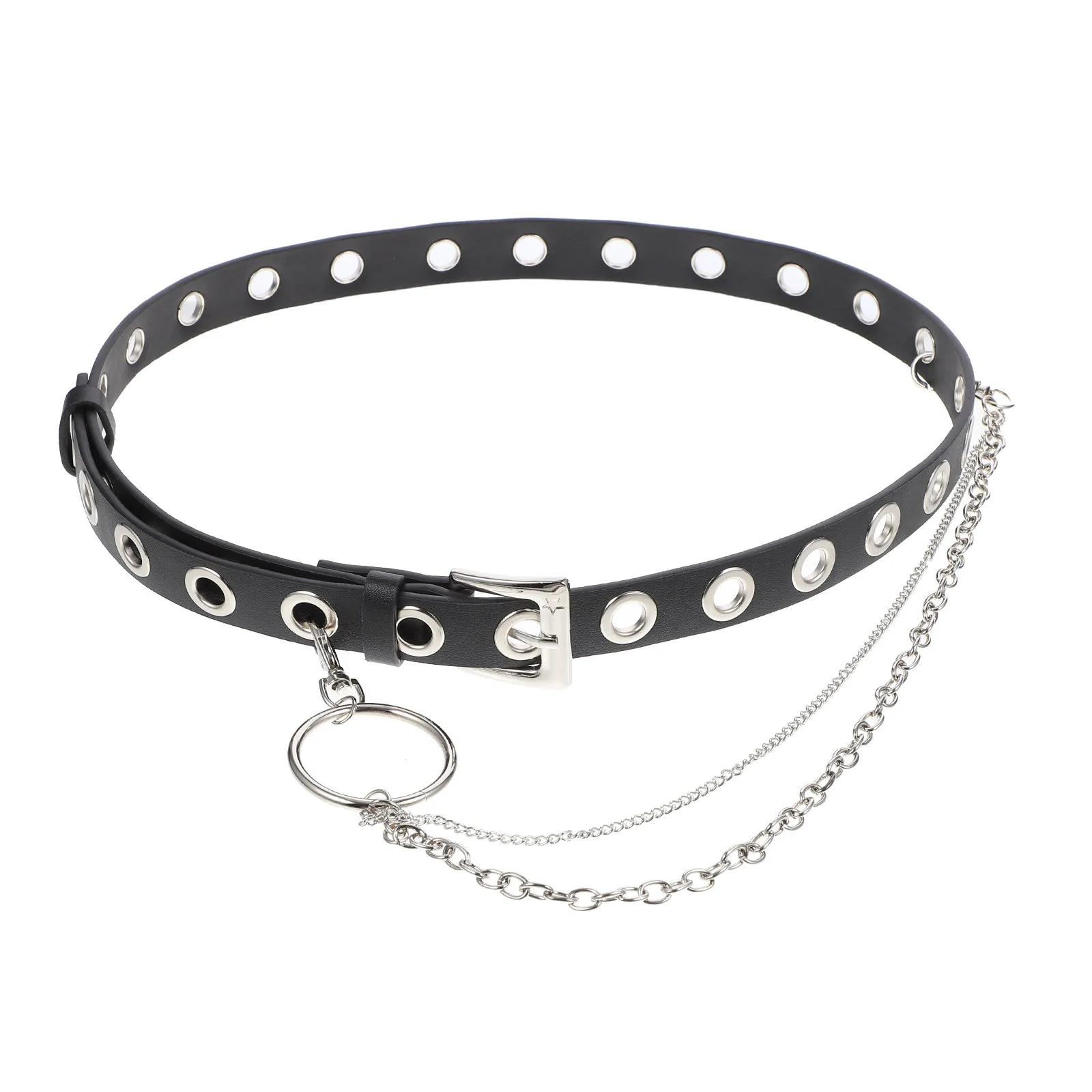 

Ремень с люверсами из ПУ кожи, унисекс, в стиле панк, с металлическими цепями и заклепками, серебряная пряжка, удобный для повседневной носки