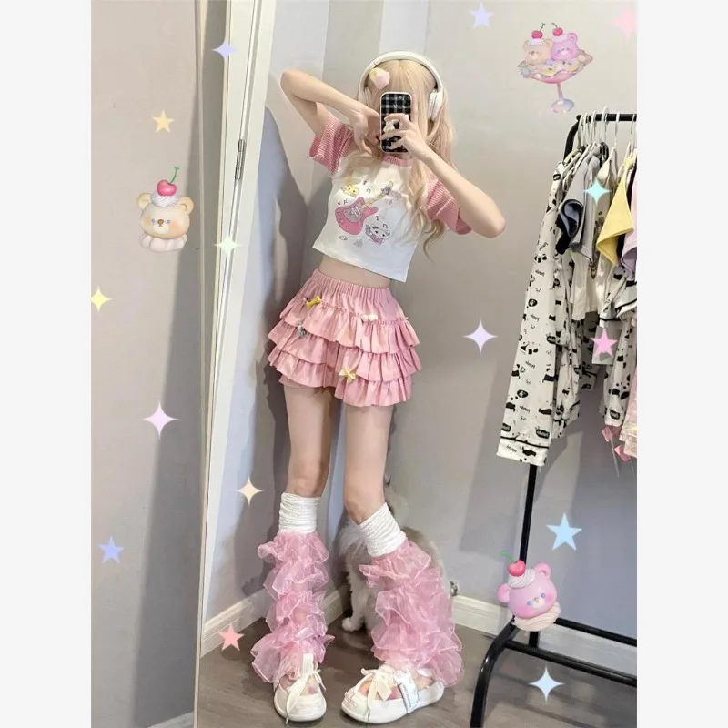 T-shirt con stampa cartone animato ragazza giapponese sottoculture Patchwork Slim manica corta top Harajuku rosa Kawaii Y2k t-shirt donna estiva