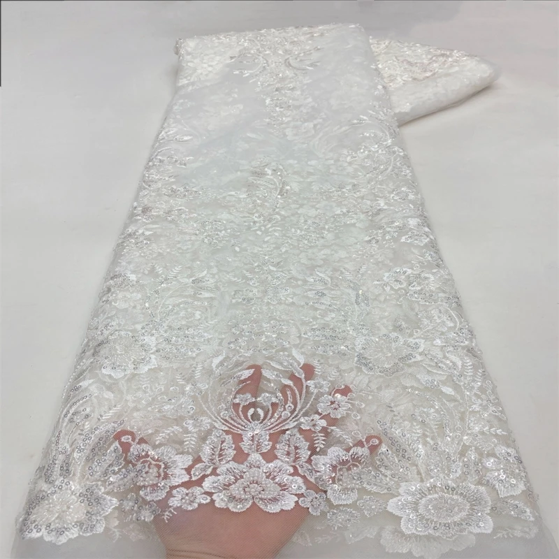 Pink African Hand Embroidery Sequins Lace Fabric, French Tulle Nigerian Groom Beaded Lace for Wedding Evening Party Gown Sewing 5