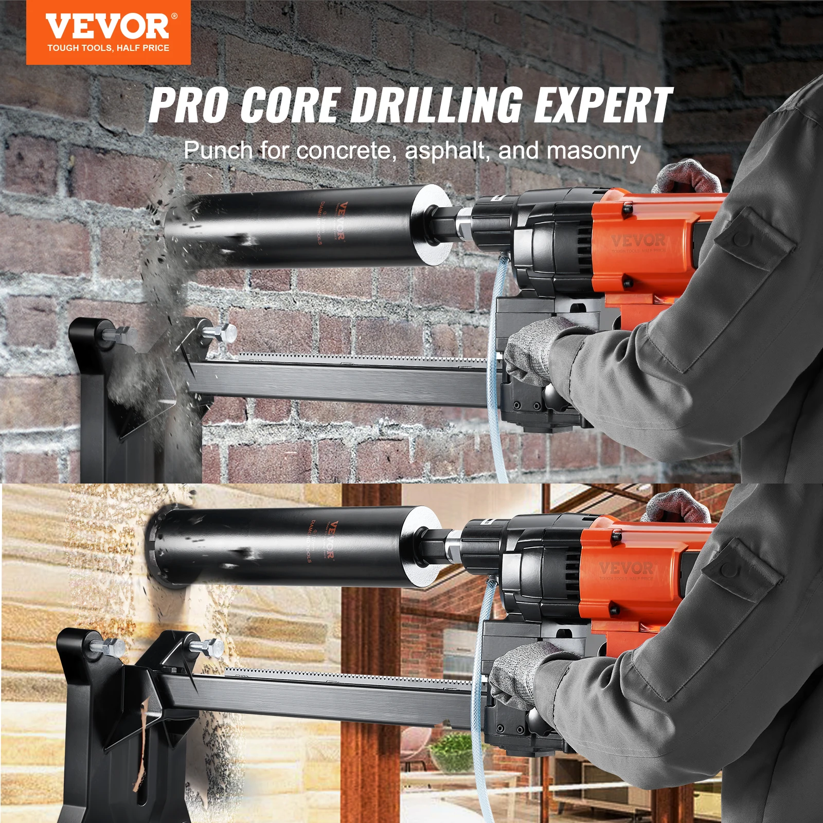 VEVOR 2500W Diamond Brick Core Drilling Machine 10in Wet Concrete Core Drill Rig with Stand Wheels 750RPM Speed Drilling Machine