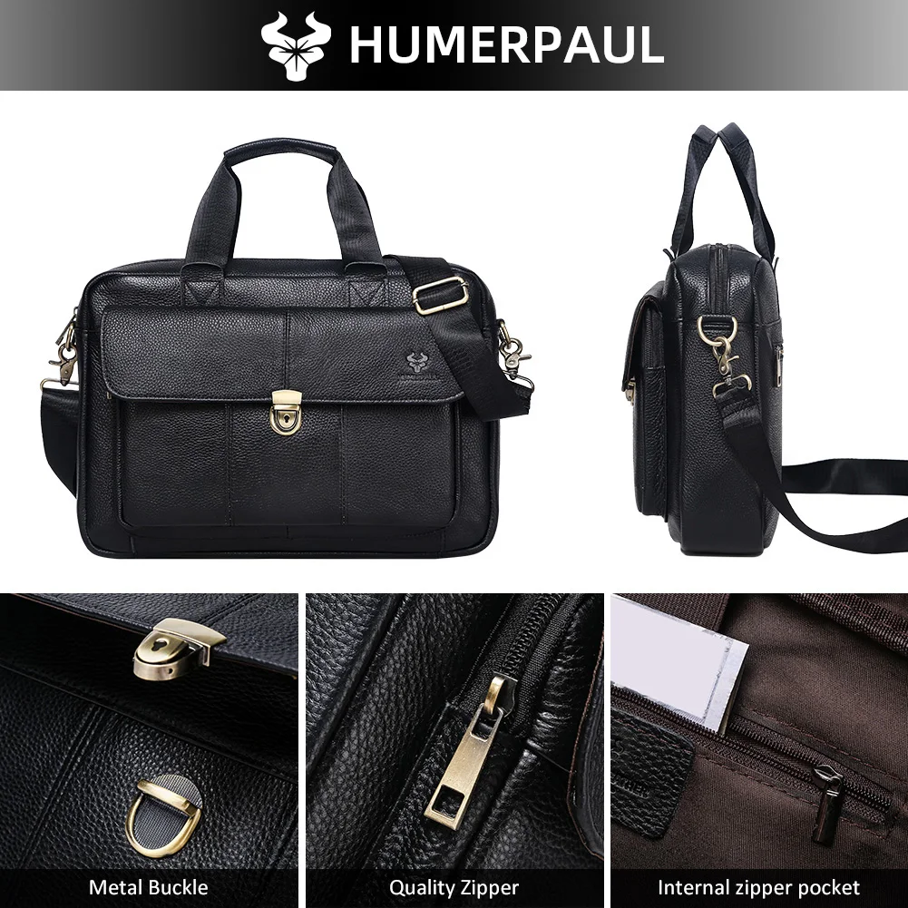HUMERPAUL Tas Kantor Pria Bisnis Tas Kantor untuk Dokumen Tas Tangan Laptop Kulit Asli Bolsas Messenger Perjalanan Mewah