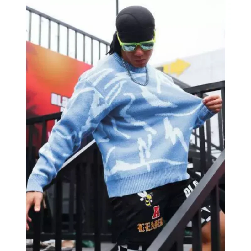 Men & Women Long Sleeve Knit Sweater Autumn Winter Hong Kong Style Round Neck Jacquard Knitwear Couples' Printed Sweater