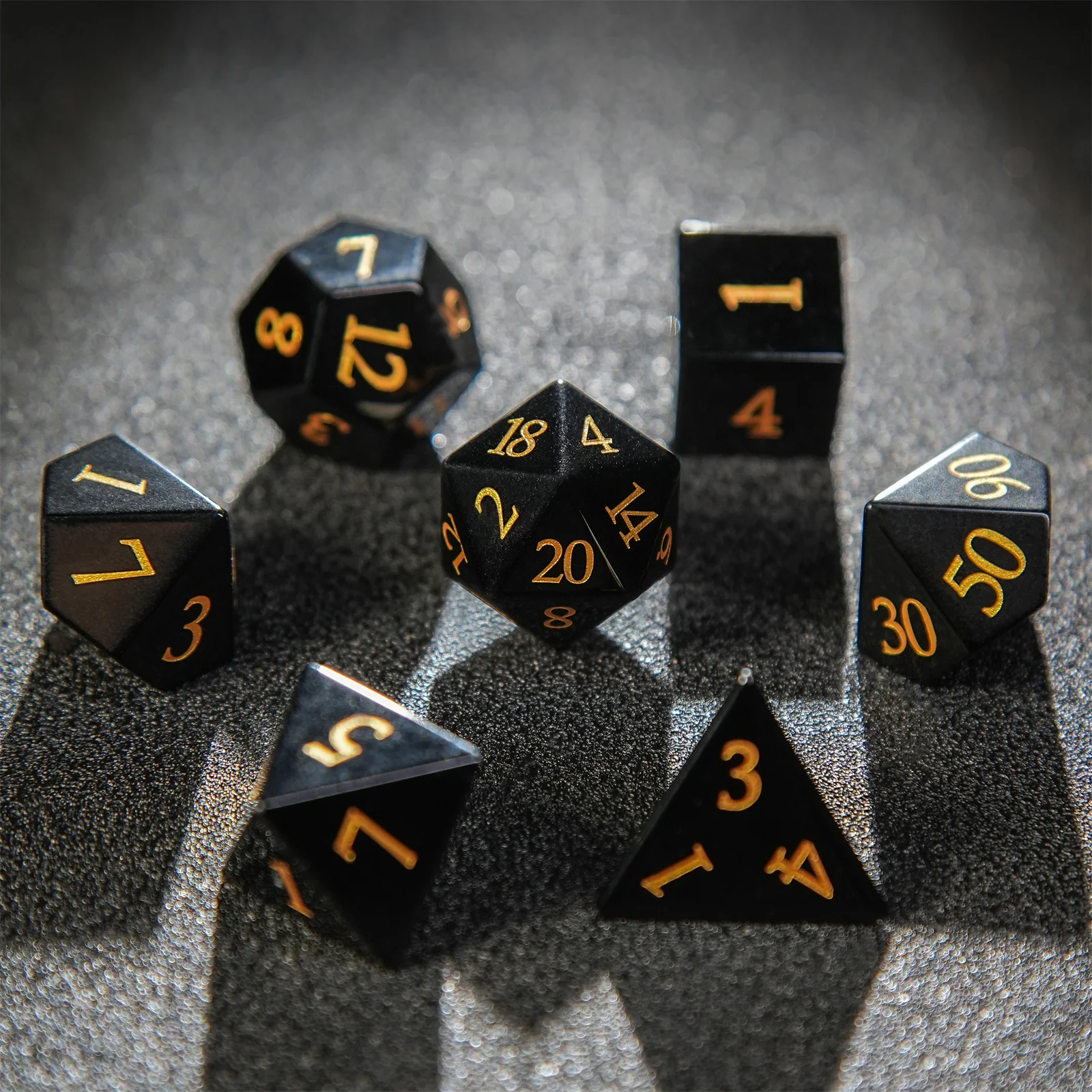 

7pcs DND Dice Black Obsidian Gemstone Dice Golden Word Dice Multi-sided Polyhedral Dice for D&D Game COC Role Playing RPG Table