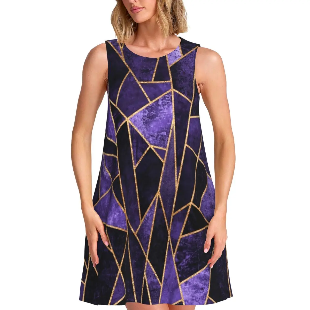 Abstract Geometry Casual Dress Shattered Amethyst Basic Dresses Sleeveless Cute Dress Hot Sale O Neck Womens Print Vestidos