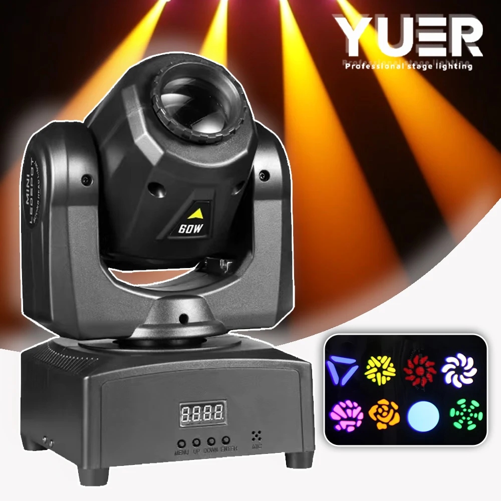 YUER 60W LED Gobo moving head light 7 gobos+colors+white Auto Sound DMX512 Stage lighting for DJ Disco Club party dance floor