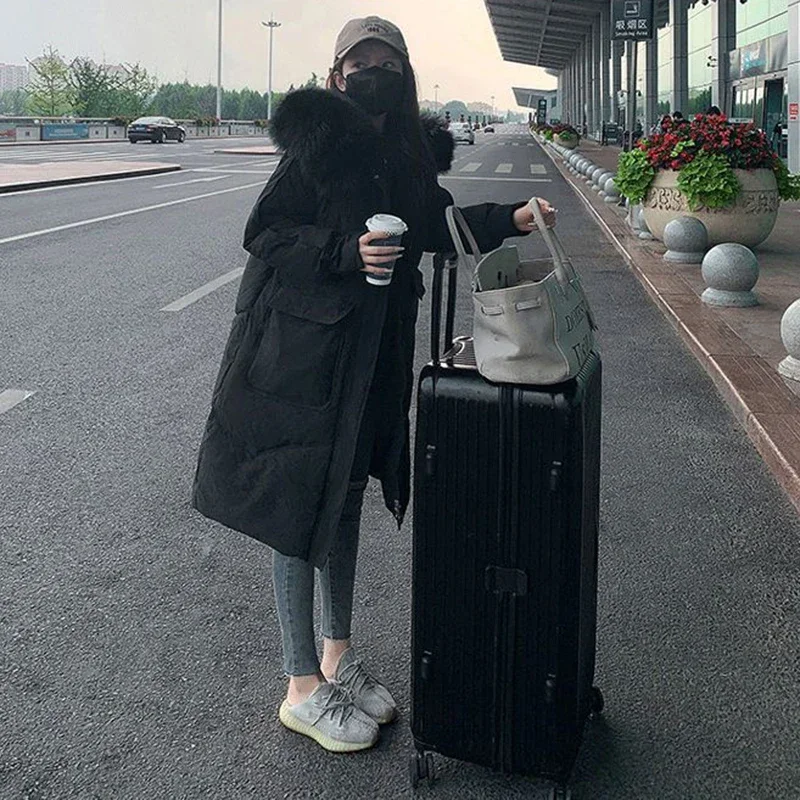 Faux Fur Collar Hood Winter Parkas Women 2022 Big Pockets Thicken Warm Long Coats Woman Zipper Down Cotton Padded Jackets