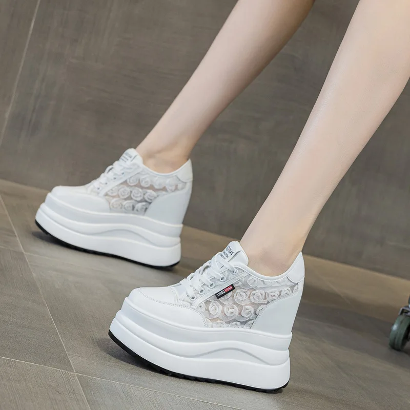 

Women's Height Elevator 13cm Lace Mesh White Sneakers Wedge Heel Platform Breathable Casual Summer Fall