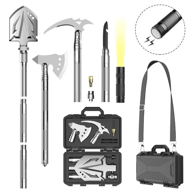 Outdoor Survival Shovel Multifunction Garden Tool Flashlight Aluminum Alloy Spade Camping Folding Snow Shovel Shoulder Strap