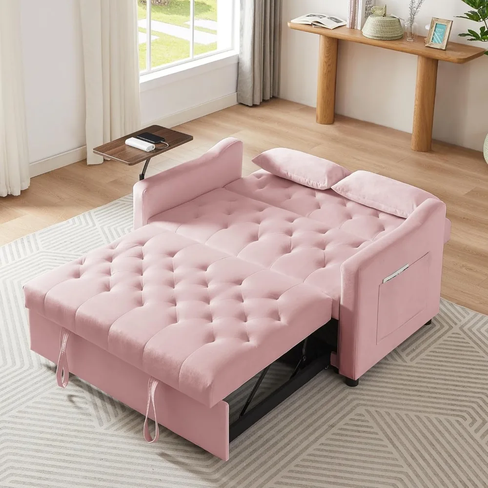 Convertible Sleeper Sofa Bed with Swivel Table, Adjustable Backrest, Side Pocket, Velvet Loveseat Futon for Small Spaces