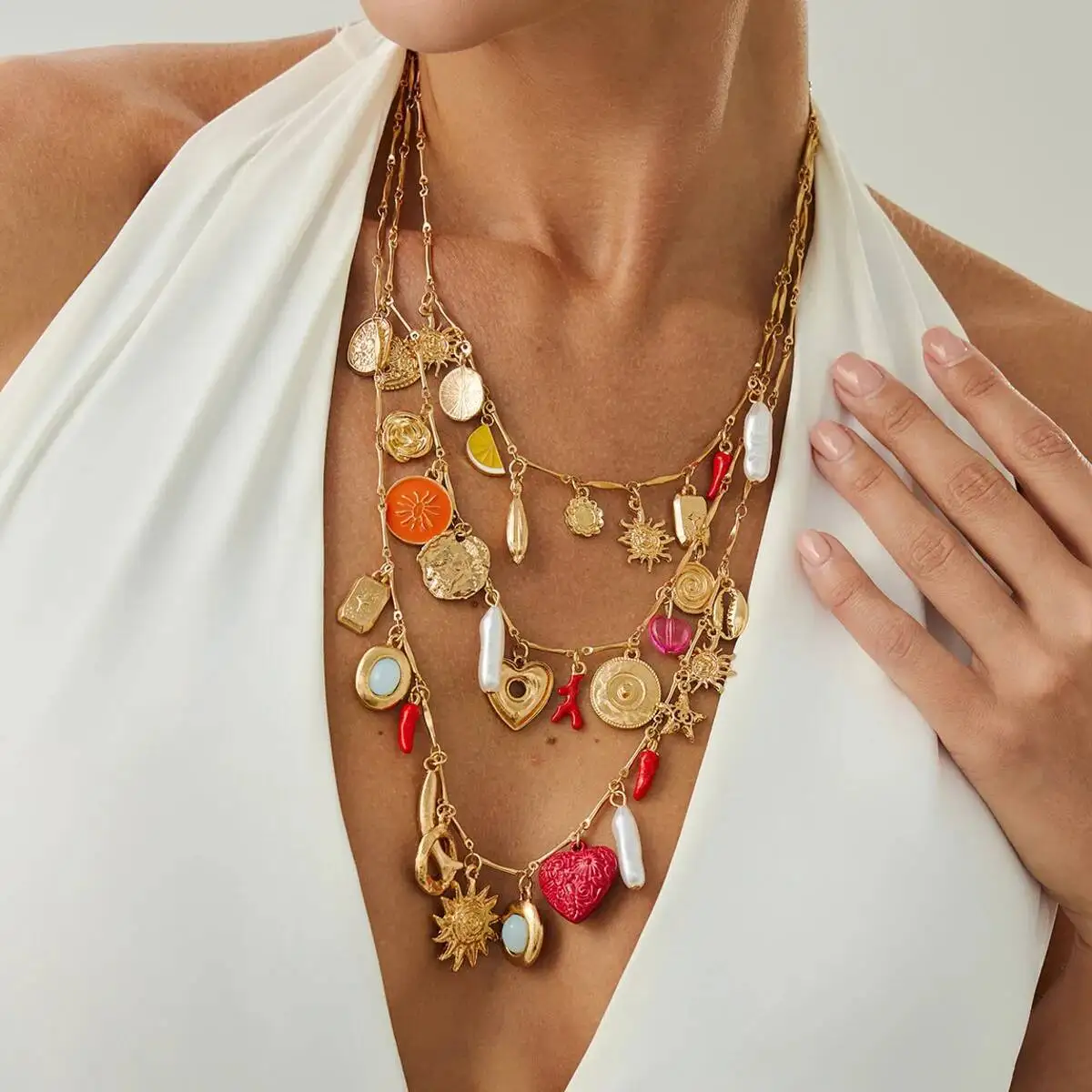 

SHIXIN 3 Pcs/Set Creative Multi Sun Love Heart Pendant Tassel Necklace For Women Boho Gold Color Layered Clavicle Choker Jewelry