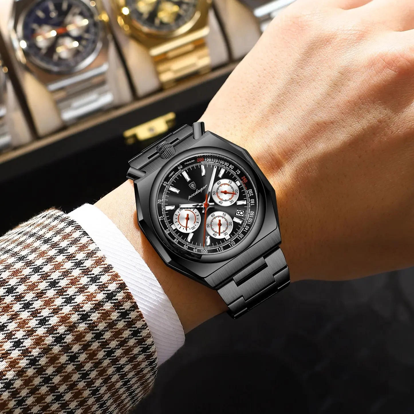 POEDAGAR الفاخرة كوارتز رجل ساعة اليد الفولاذ المقاوم للصدأ مقاوم للماء مضيئة ساعة رجالية كرونوغراف تاريخ موضة ساعات رجالية Reloj
