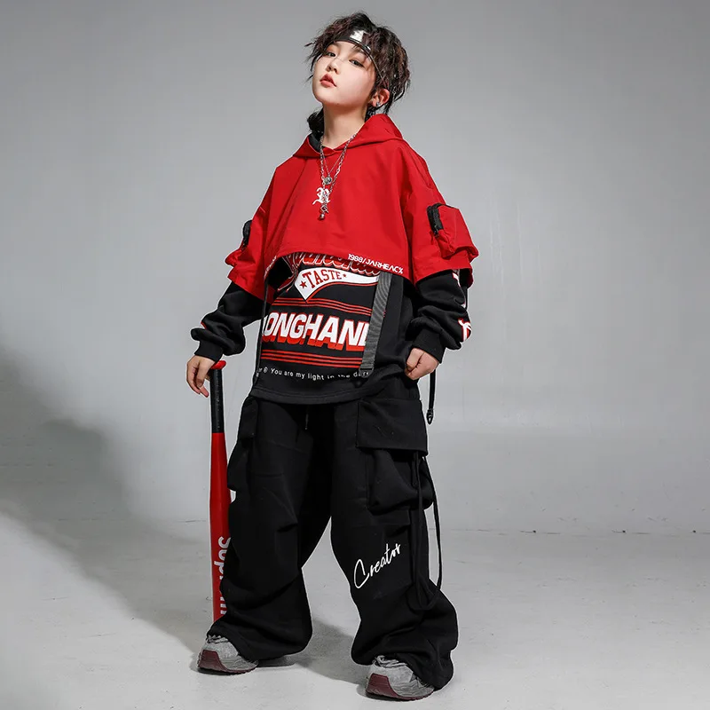 Hip Hop Street Dance Kleidung Red Crop Hoodie Print Sweatshirt Schwarze Hose für Mädchen Jungen Jazz Dance Kostüm Bühnenkleidung