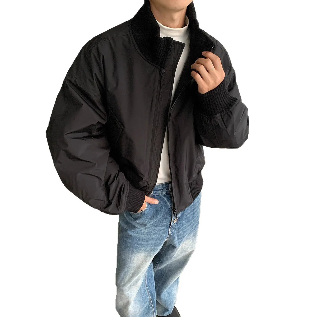 New Fashion Black Pilot Baseball Jacket For Men, Autumn Windproof Waterproof Solid Jacket Youth Windbreaker Coat