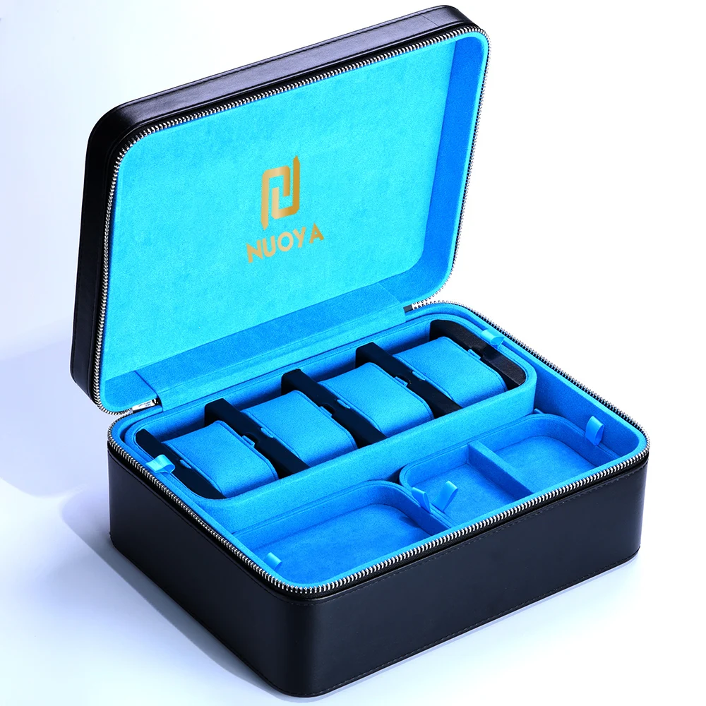 High Quality Box Custom Logo Real Leather Big Jewelry Case With Many Trays Black Leather Suede Lining Jewelry Box Organizer