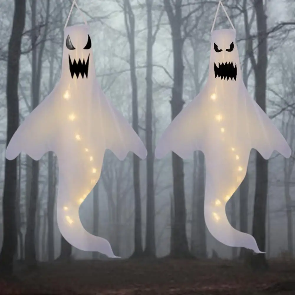 Halloween Hanging Ghost Outdoor Waterproof Ghost Windsock Bag with LED Light Handmade Flying Ghost Halloween Patio Tree Decorati