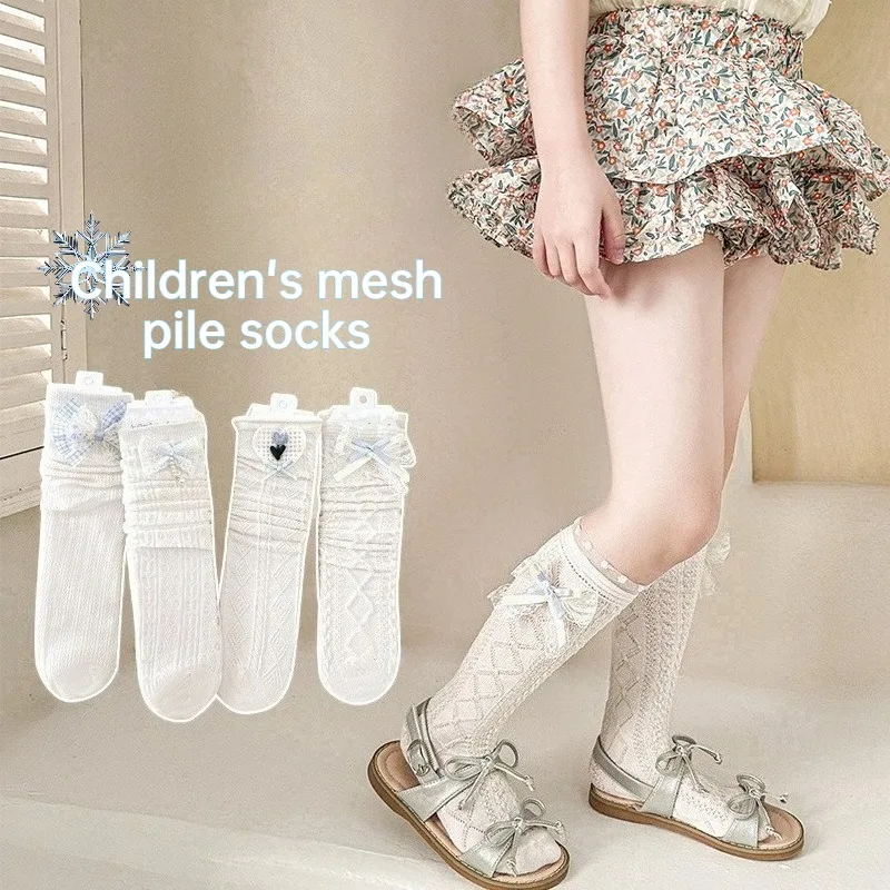 Kinder-Socken mit Schleife und Netzstoff, Atmungsaktive Baumwollsocken mit Lochmuster für Mädchen, Süße Rüschensocken für Alltag und Partys