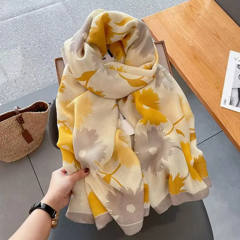 Vintage Floral Print Women Shawl Orange Brown Flower Large Soft Oversized Scarf Wrap Lightweight Stole Wedding Travel Beach