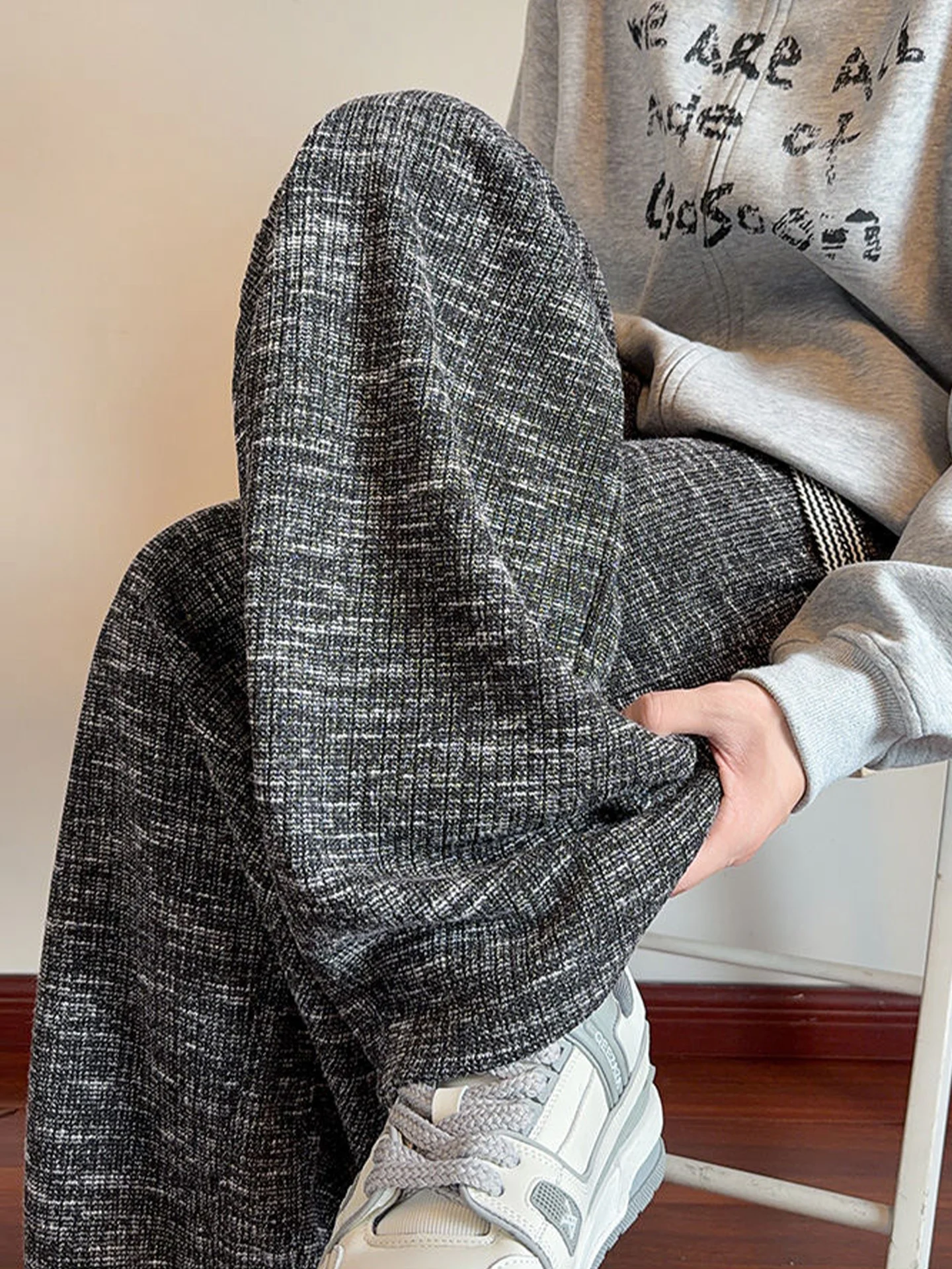 

American Retro Knitted Loose Men's Casual Pants Thiened Sport Sweatpants Straight Leg Pants for Autumn And Winter