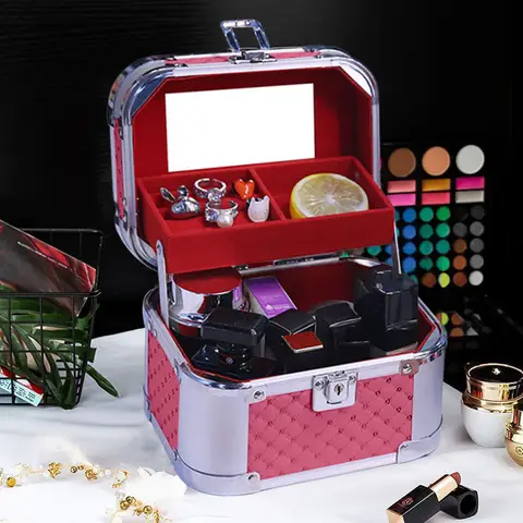 Mini Aluminium Alloy Women Cosmetic Bag Travel With Lock Portable Jewelry storage box Beauty Nail Toolbox Makeup Case Mirror