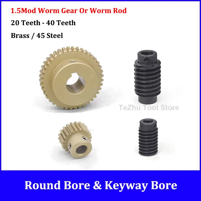 1.5 Mod 20-40 Teeth 45 Steel Worm Rod Or Brass Worm Gear Ratio 1:20 1:22 1:24 1:25 1:30 1:40 Electric Motors Brass Worm Gear