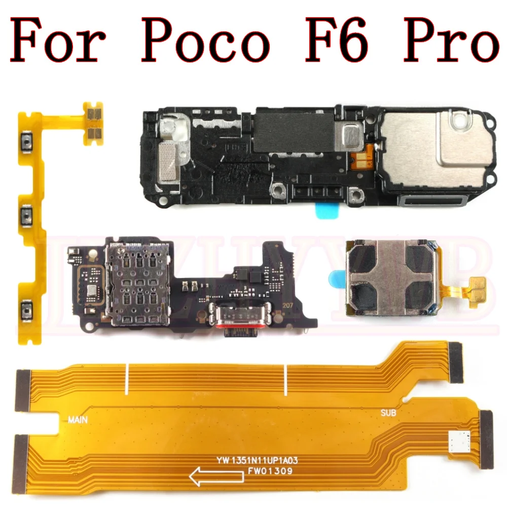 USB Charging Port Board For Xiaomi Mi Poco F6 Pro Bottom Earpiece Loudspeaker Ringer Buzzer Power Volume Motherboard Flex Cable