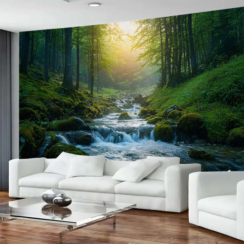 Green Forest Stream 100% Polyester Fiber Wall Hanging Tapestry Multiple Natural Scenery Patterns Aesthetic Home Decor