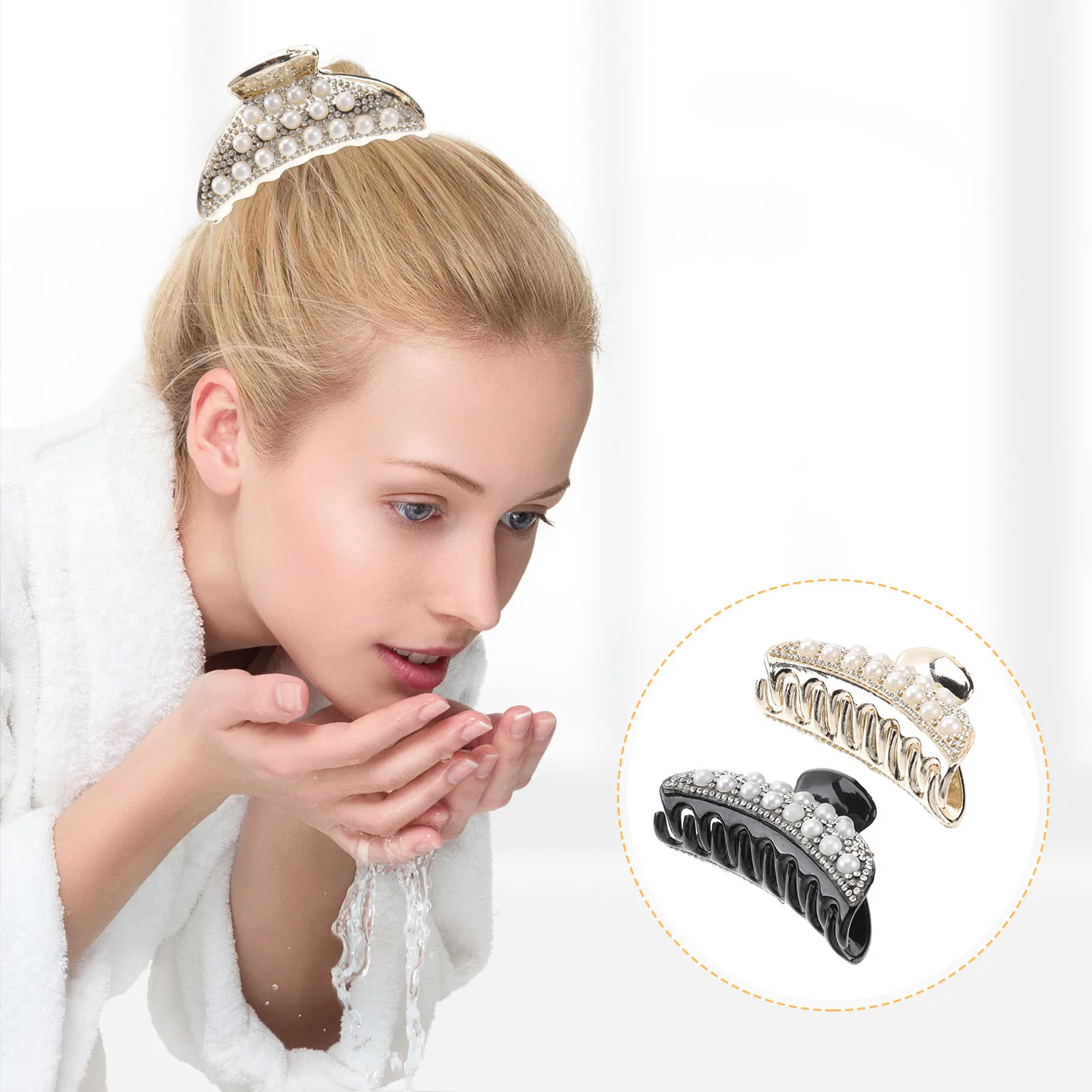 2Pcs Pearl Hair Claws Fashion Hair Clips Styling Tools Hairgrip Ponytail Holder Accessories for Women Girls Yellow Black