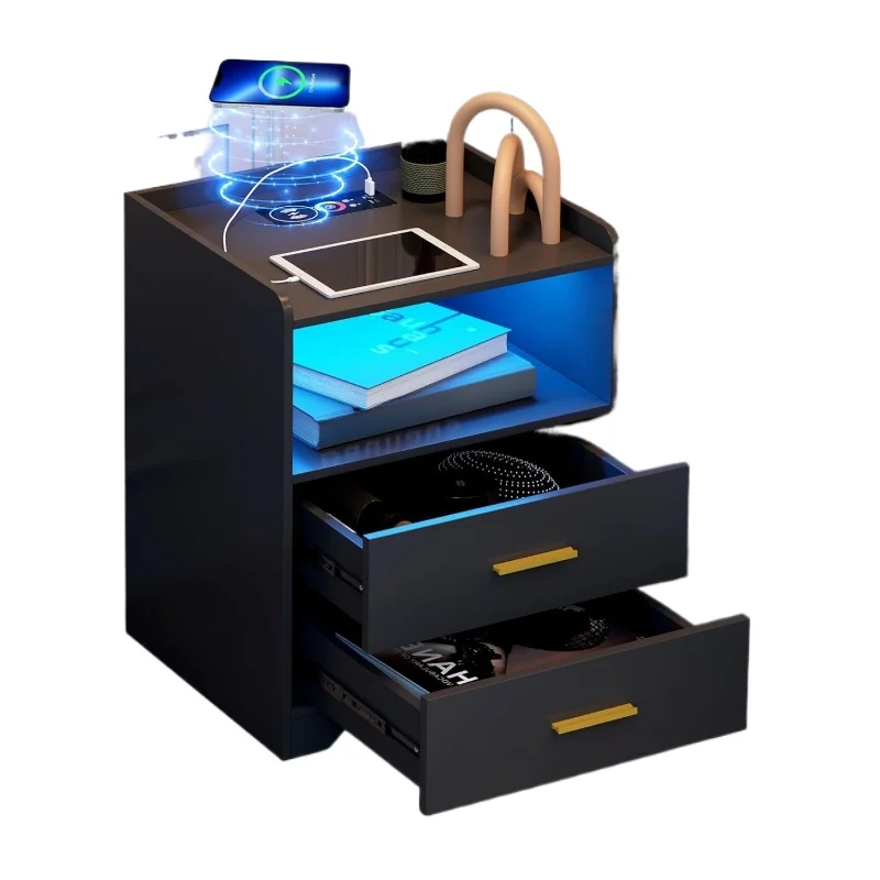 Black LED Nightstand with Charging Station Modern 24-Color RGB LED Lights Smart Lighted Black Bedside Table 2 Drawers Bedroom - view 6