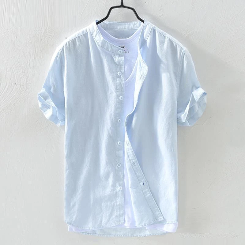 Men Retro Simple Casual Stand Collar Cotton Linen Button Shirts Summer Japanese Style Solid Short Sleeve Tops Camisas De Hombre