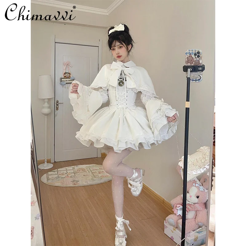 White Lolita Skirt Set Spring and Autumn New Sweet Girl Innerwear Tops High Waist Skirt Cape Elegant Womens Vintage Outfits