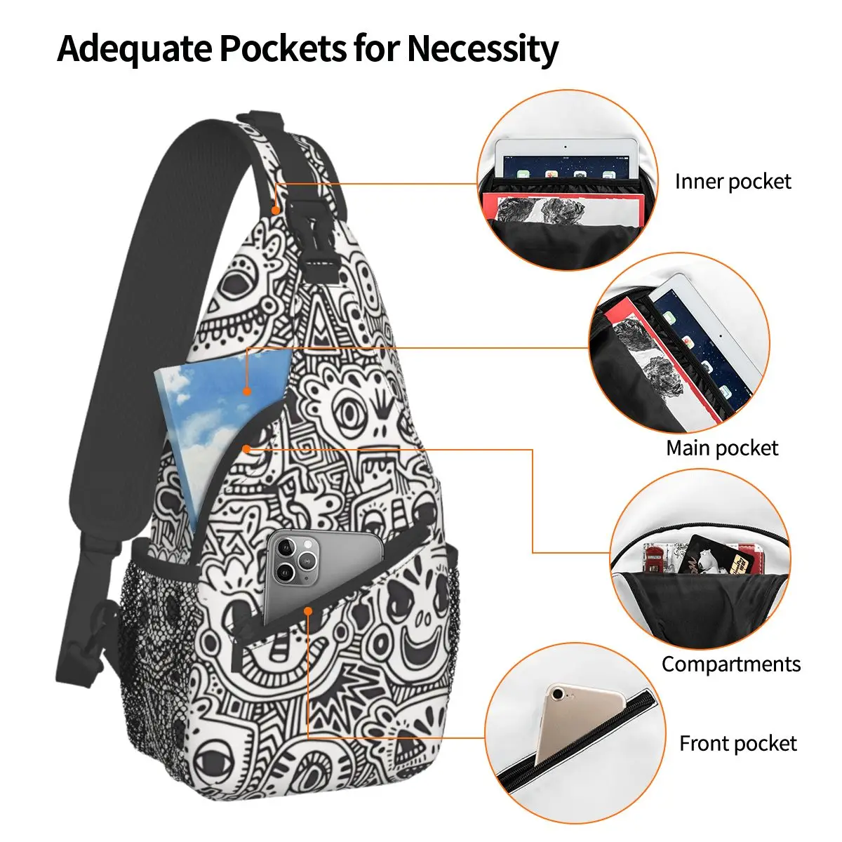 Oodles Of Doodles-Sacs de poitrine à bandoulière pour adolescents, sac de voyage à poches, sac de messager de sport, sac initié unisexe