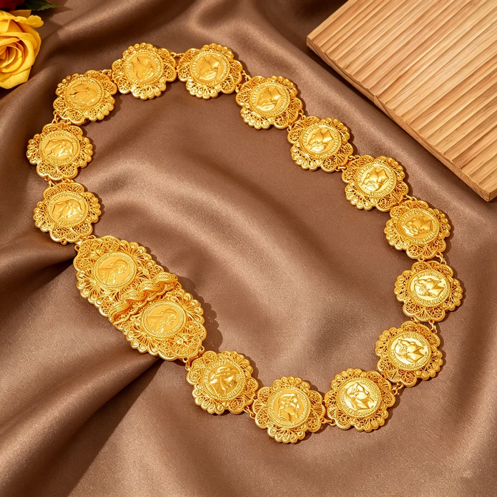 

Moroccan Luxury Gold-Plated Bride Waist Belt with Hollow Floral Portrait Design Festival Gift Women's Body Chain