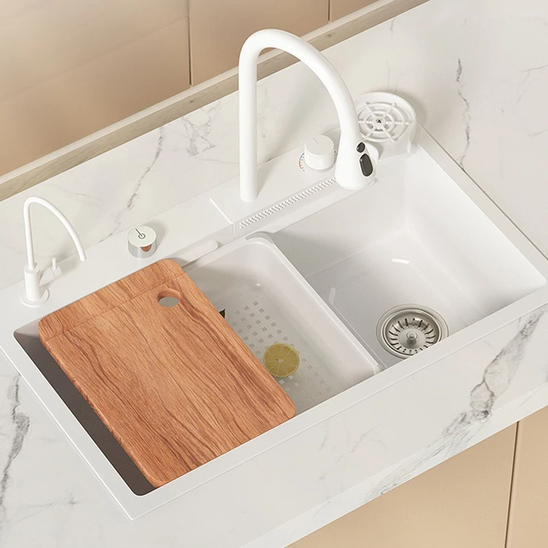 Imagem -05 - White Waterfall Kitchen Sink Flying Rain Water Outlet Grande Slot Único Handmade Nano 304 Aço Inoxidável Lavatório Vegetal