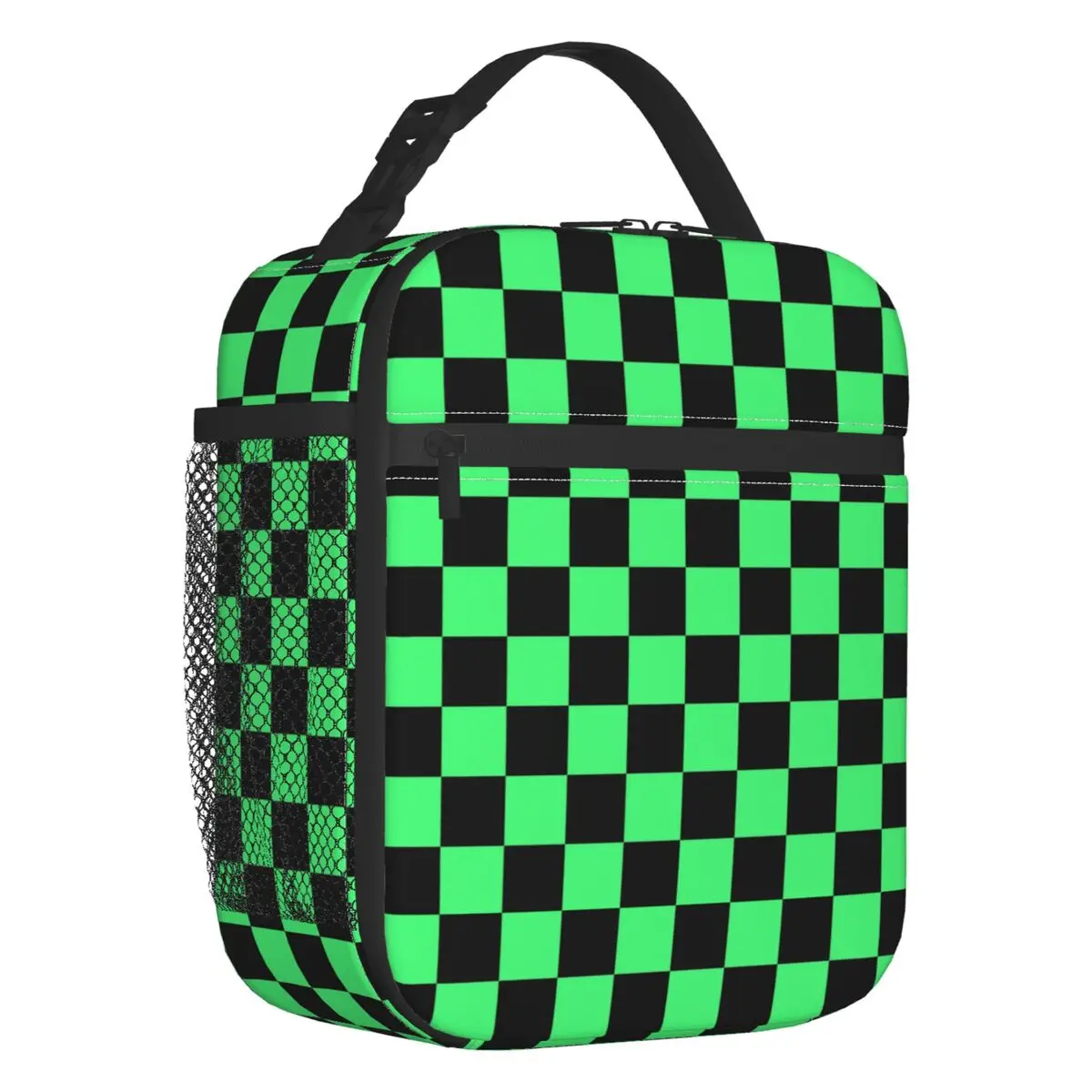 Black And Green Checkerboard Pattern Insulated Lunch Bags Tartan Geometric Thermal Cooler Food Lunch Box Outdoor Camping Travel