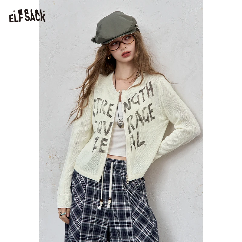 

ELFSACK 2025 Autumn New Arrival Acubi Fashion Letter Print Zippered Cardigan For Woman