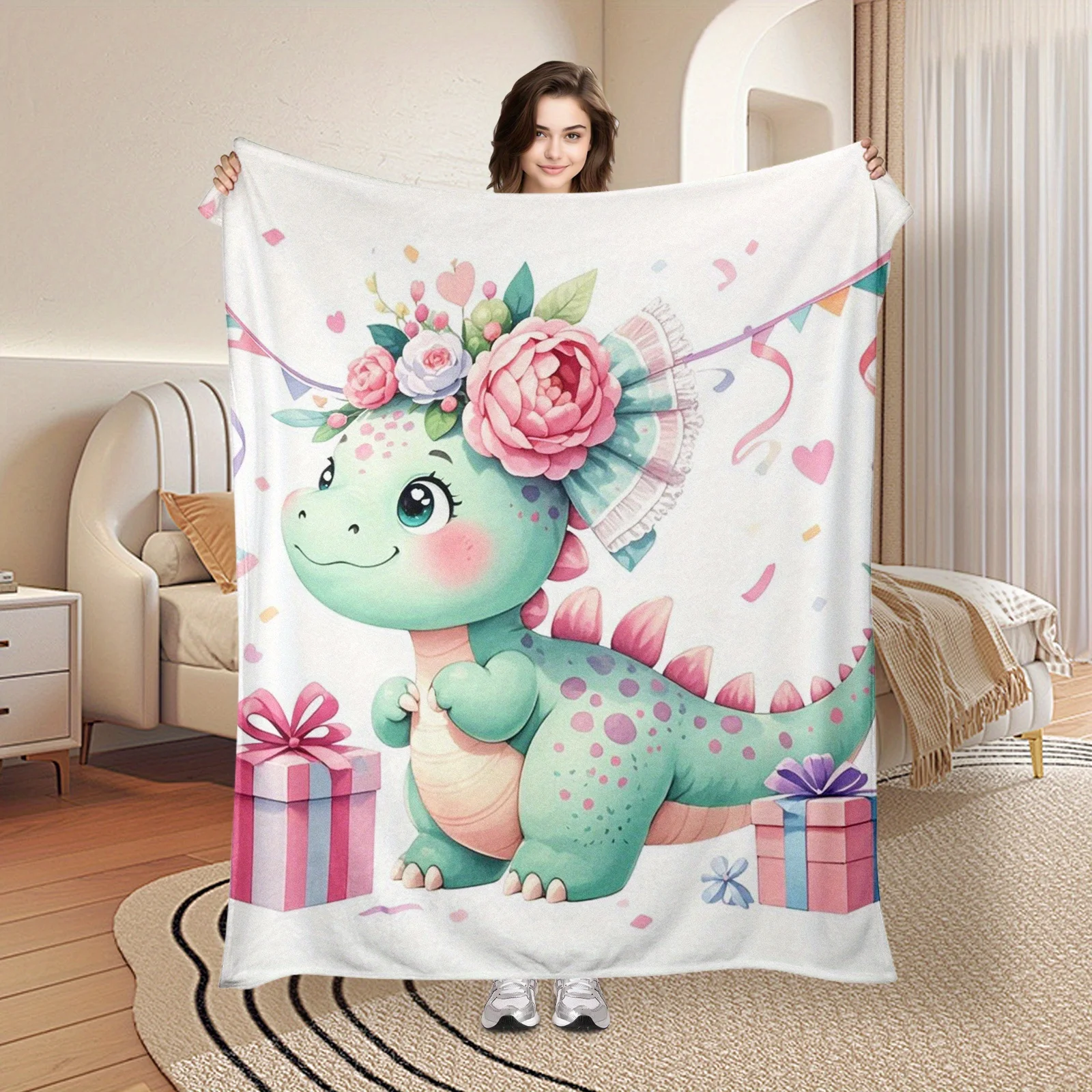 Soft 280Gsm Flannel Blanket Featuring Dinosaurs And Floral Patterns | Light Green Dinosaurs Adorned with Pink Roses And Hearts,