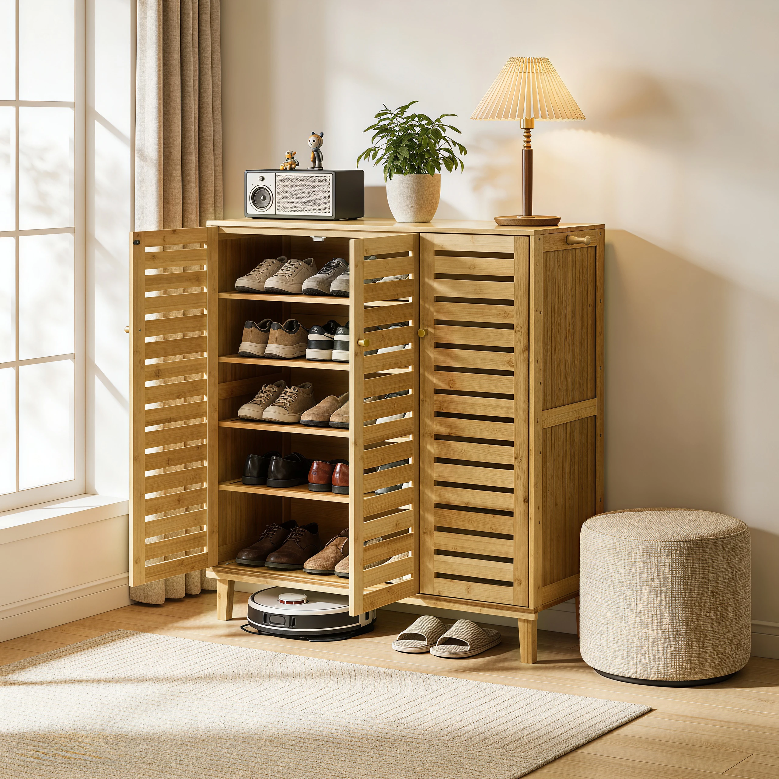 Bamboo Shoe Storage Cabinet with Slatted Doors, 5-Tier Wooden Shoe Organizer Cupboard for Entryway Hallway, Freestanding Large Shoe Rack with Side Hooks & Magnetic Closure