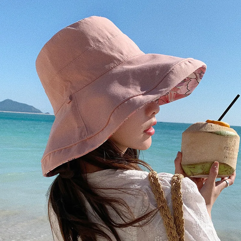 Spring Summer Double-sided Wear Large Brim Fisherman's Hat Hat Women Korea Outdoor Sunscreen Sun Hat Cotton Breathable 56-58cm