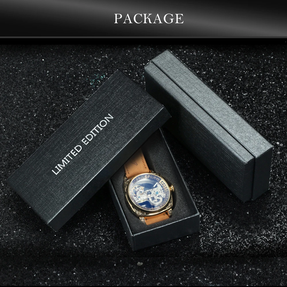 Forsining Luxury Retro Mechanical Watch for Men Engraved Square Skeleton Automatic Mens Watches Leather Steel Strap Wristwatches