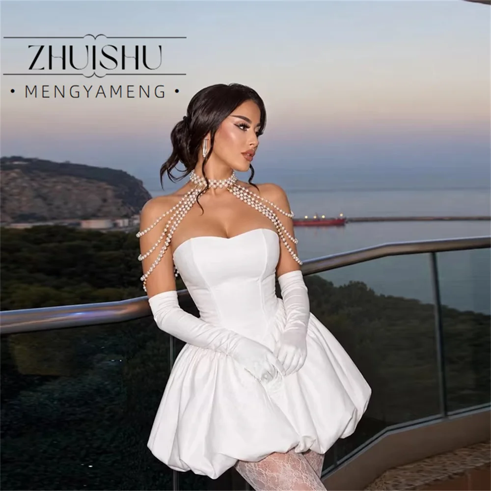 ZHUISHU Customized Elegant Bubble Bridal Gowns Satin Mini Wedding Dress Strapless Pearl Necklace Chain Gloves Vestidos De Novia