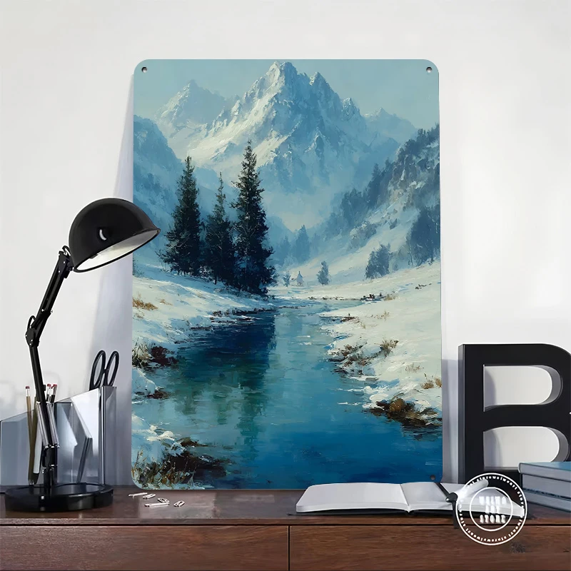 Winter Mountain Landscape With River Metal Poster Customized Wall Art Retro Vintage Metal Signs for Man Cave Office Decoration