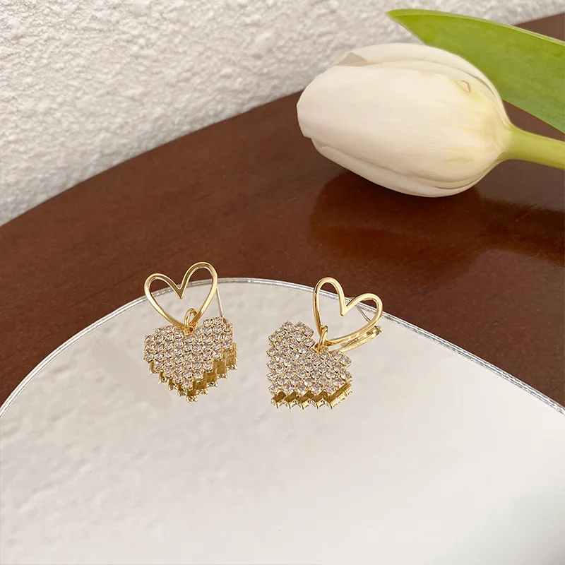 Korean Fashion Earrings For Women Sweet Romance Double Heart-Shaped Sense Of Delicate Delicate Luxury Shiny Full Drill Jewelry